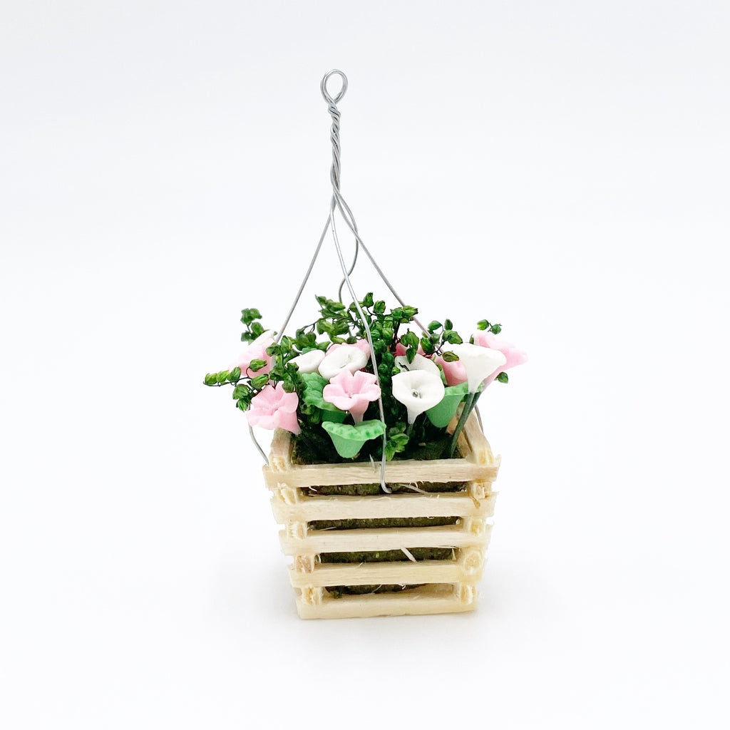 Hanging Flower Basket For Dollhouse in Pink/White - Life In A Dollhouse