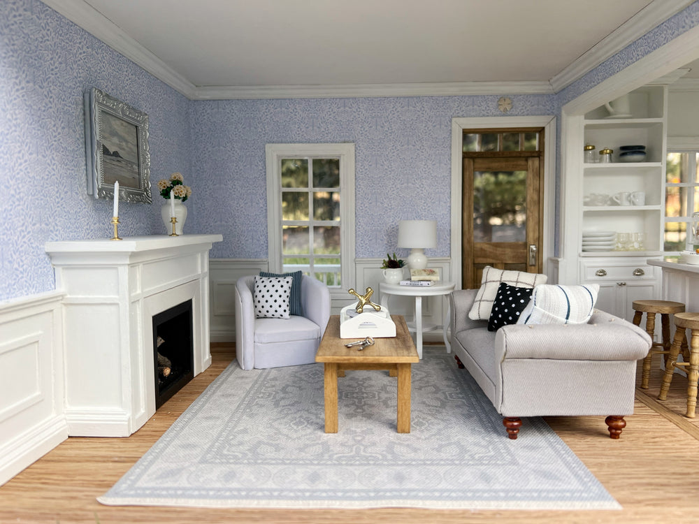 Periwinkle floral printed wallpaper in a 1:12 scale living room