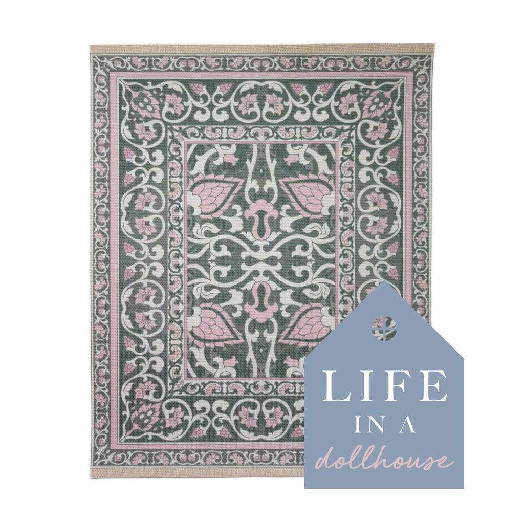 Poppy Miniature Dollhouse Rug in Green and Pink - 1:12 Scale