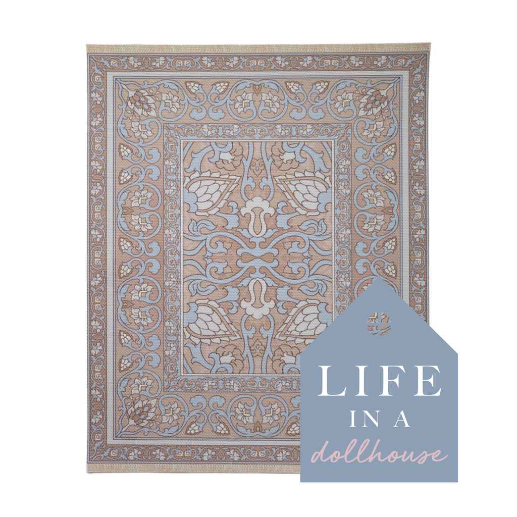 Poppy Miniature Dollhouse Rug in Tan and Ice Blue - 1:12 Scale