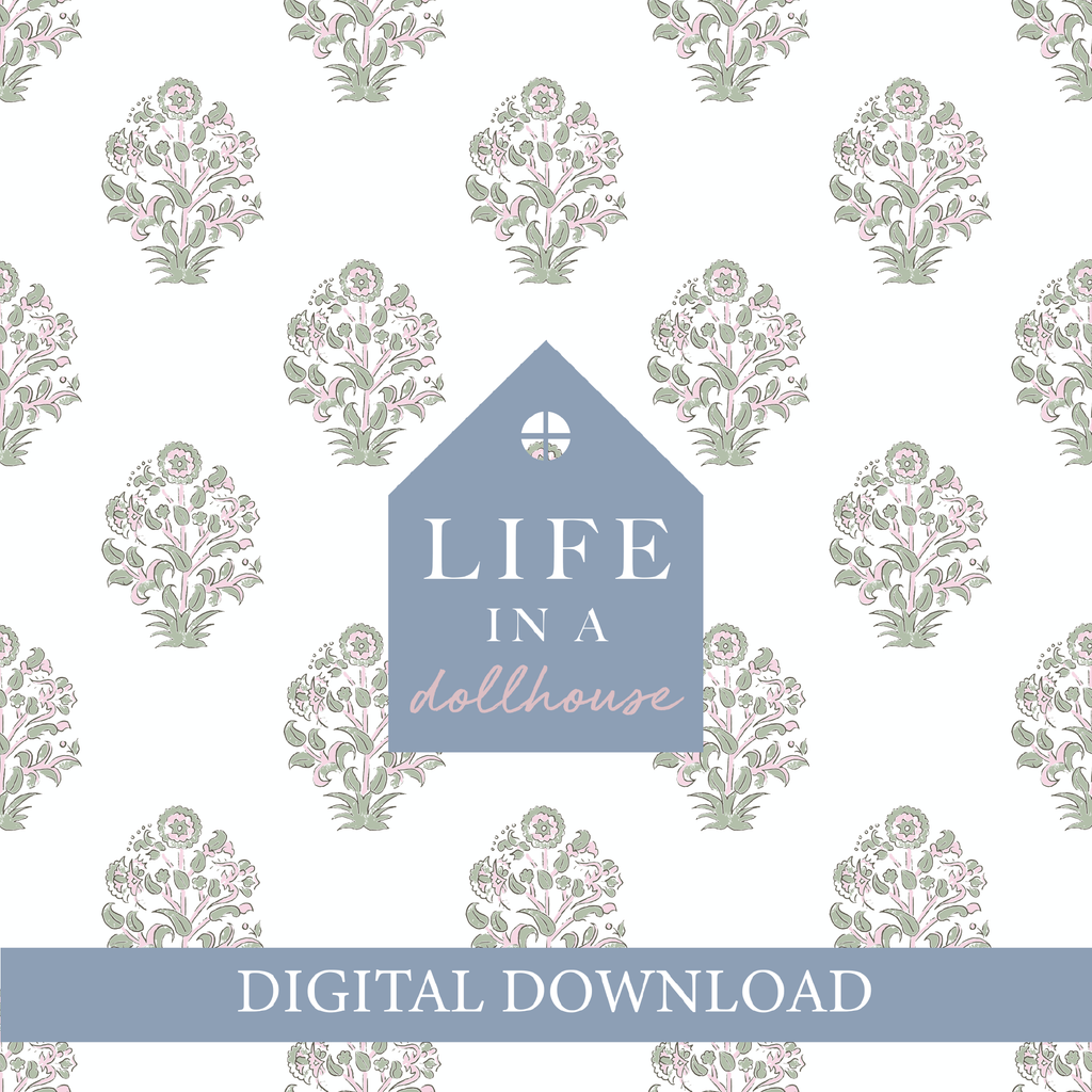 Floral Medallion Dollhouse Wallpaper in Pink and Green - DIGITAL DOWNLOAD