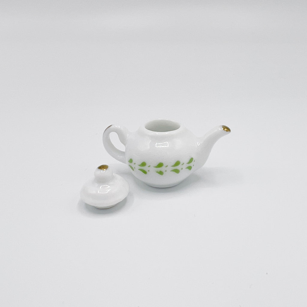 Teapot in White and Green - Dollhouse Miniature