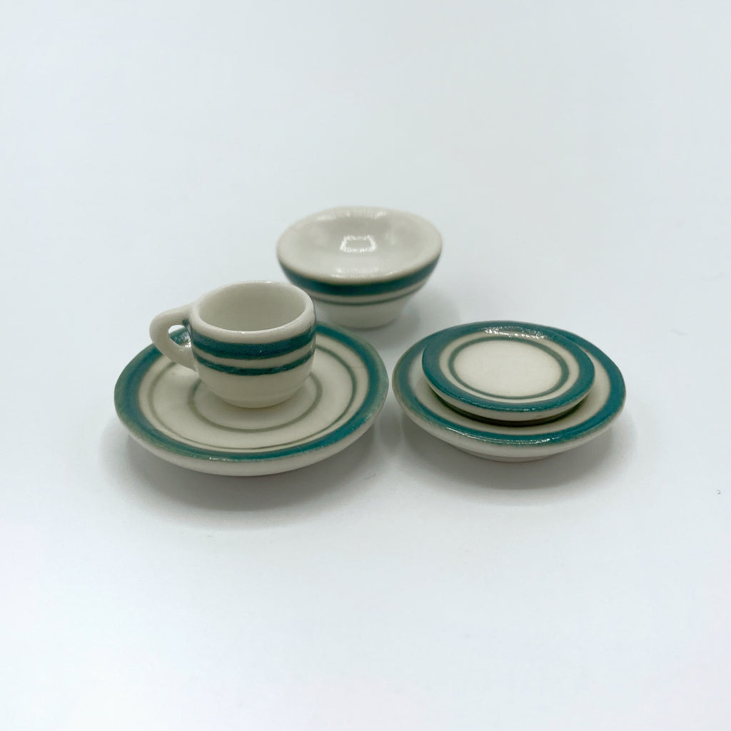 Green Rimmed Dinner Set for Dollhouse - Life In A Dollhouse