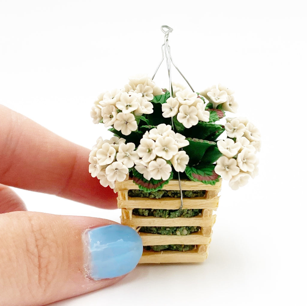 Hanging Hydrangea Basket For Dollhouse in White - Life In A Dollhouse