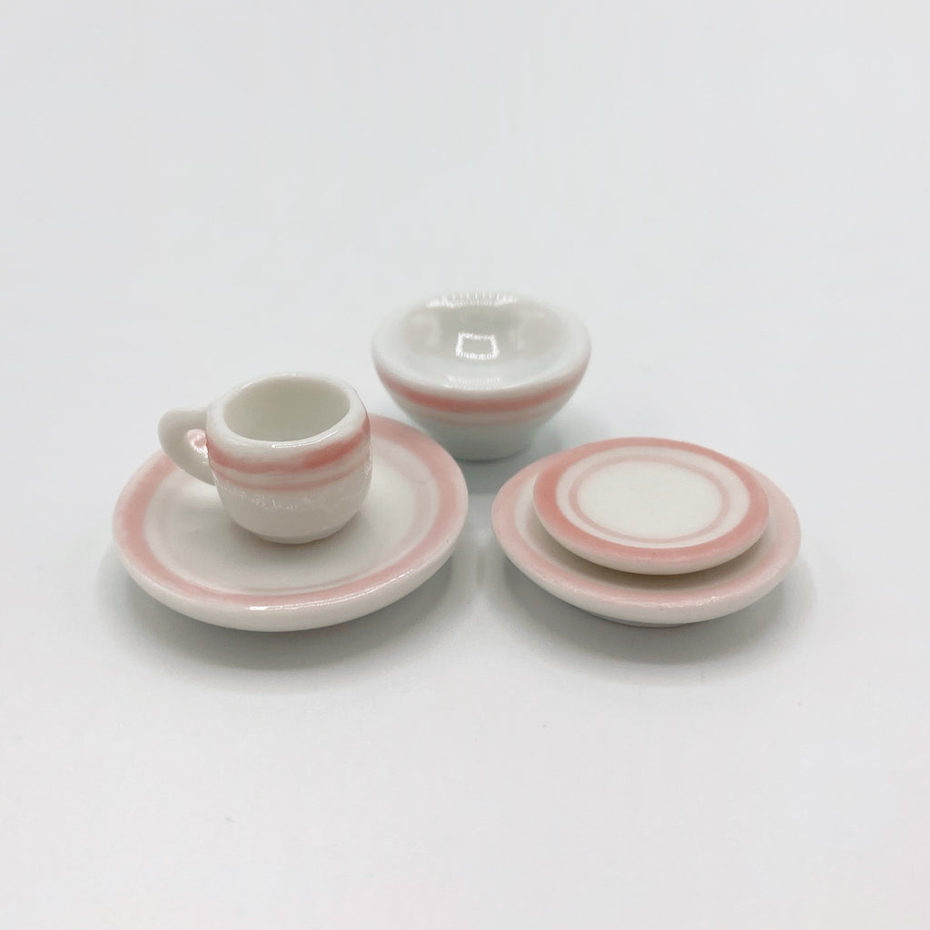 Pink Rimmed Dinner Set for Dollhouse - Life In A Dollhouse